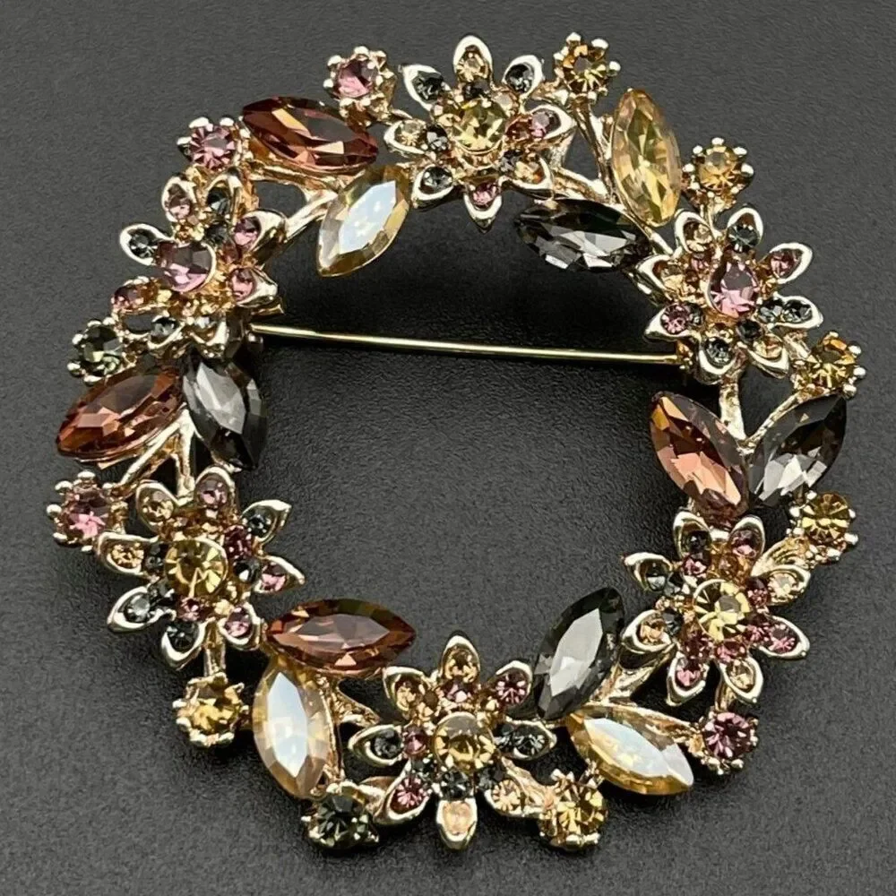 Rose Gold with Multicolored Crystal Floral Flower Leaf Wreath Pin Back Brooch